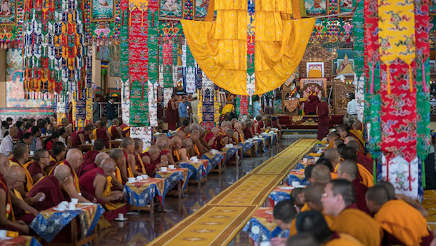 A view of Sera Lachi Assembly Hall during the welcome ceremony for His Holiness the Dalai Lama in Bylakuppe, Karnataka, India on December 19, 2017. Photo by Tenzin Choejor