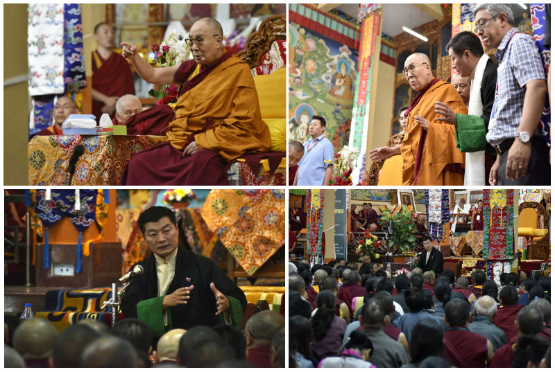 His Holiness the Dalai Lama and President Dr Lobsang Sangay, Central Tibetan Administration arrives at the Sera Lachi Assembly hall to meet the Tibetan pilgrims from Tibet and participants of the workshop on Secular ethics. Photo: DIIR /Tenzin Phende