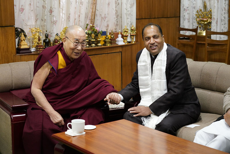 Chief Minister of Himachal Pradesh Jai Ram Thakur and His Holiness the Dalai Lama during their meeting at His Holiness's office in Dharamsala, HP, India on February 1, 2018. Photo: OHHDL