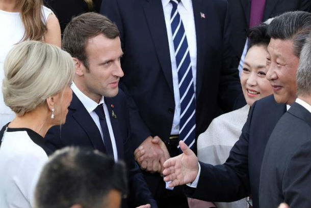 French President Emmanuel Macron with China's President Xi Jinping at the Elbphilharmonie in Hamburg, northern Germany, on July 7, 2017. Photo: AFP