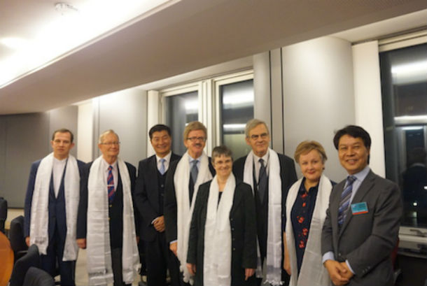 President Dr Lobsang Sangay and Representative Tashi Phuntsok with MEPs Thomas Mann, Csaba Sogor, Laszlo Tokes, Tunne Kelam, Molly Scott and Laima Andrikiene at the European Parliament in Brussels, Belgium. Photo: CTA/DIIR