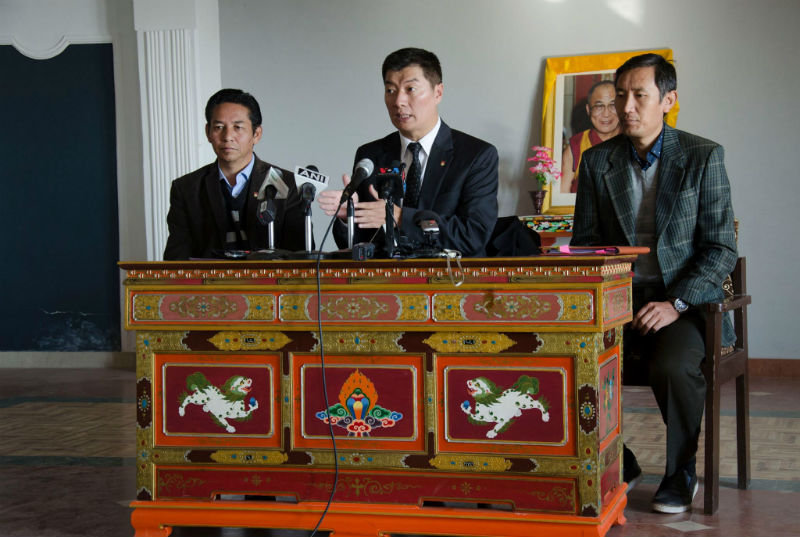 Education Secretary Karma Singhe, CTA President Dr Lobsang Sangay and Director of Sambhota Namgyal Yemphel at the press conference on January 8, 2018. Photo: TPI/Choenyi Sangpo