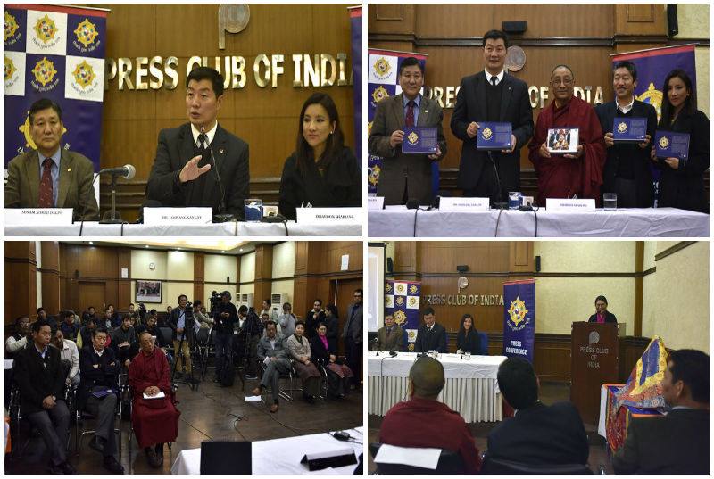 DIIR Secretary Sonam Norbu Dagpo, President Dr Lobsang Sangay, Kalon Karma Gelek Yuthok, Representative Ngodup Dongchung and DIR secretary Dhardon Sharling during the press conference at the Press Club of India in New Delhi, India, on January 18, 2018. Photo: Tenzin Phende/DIIR/CTA