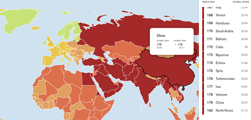 The 21st World Press Freedom Index published by Reporters Without Borders (RSF) on May 3, 2023. Photo: RSF 