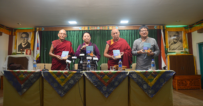 The chief guest Kalon Gyari Dolma, Geshe Lhador, Geshe Tsering Dorjee and Dorjee Rinchen launched the book > on July 12, 2024. (Photo: TPI)