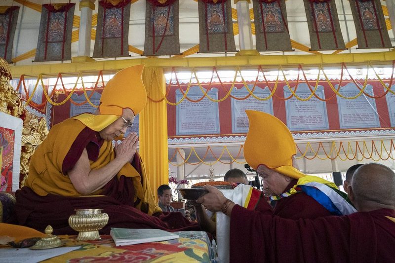 Ganden Tri Rinpoche, Jetsun Lobsang Tenzin presenting traditional offerings during the Long Life Ceremony for His Holiness the Dalai Lama in Bodhgaya, Bihar, India on December 31, 2018.