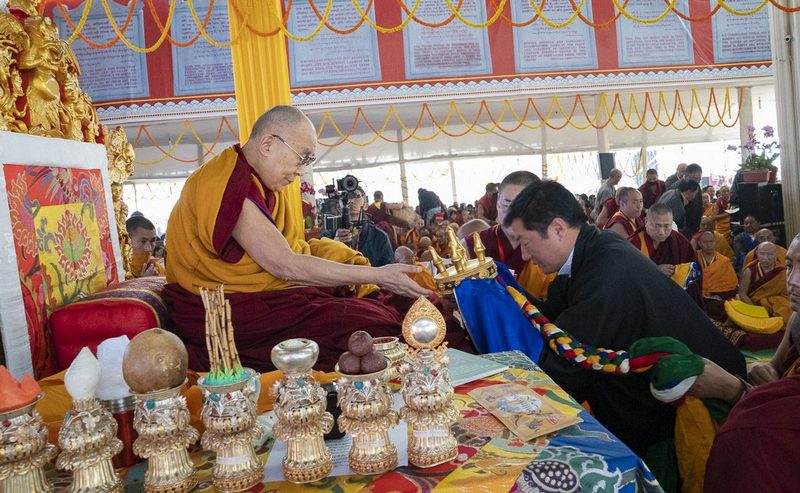 President of the Central Tibetan Administration Dr Lobsang Sangay presenting traditional mandala offerings to His Holiness the Dalai Lama during the Long Life Ceremony at the Kalachakra Ground in Bodhgaya, Bihar, India on December 31, 2018. Photo by Lobsang Tsering