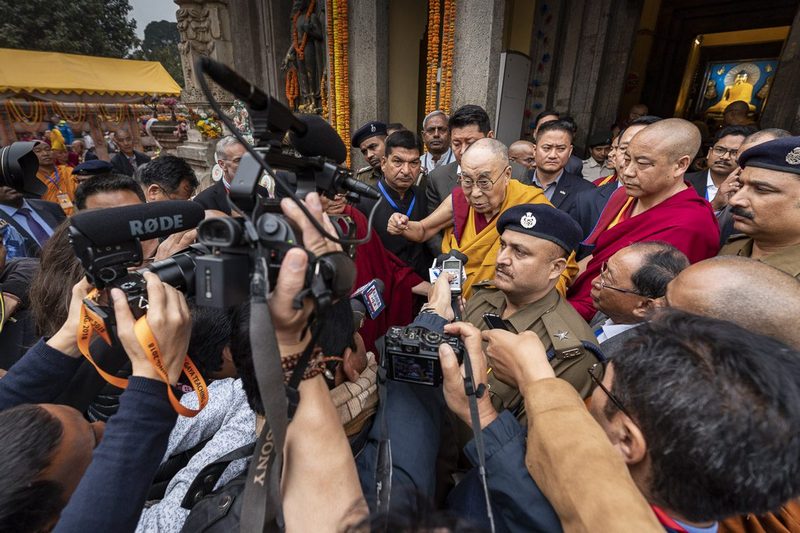 His Holiness the Dalai Lama briefly answering questions from members of the press during his pilgrimage to the Mahabodhi Temple in Bodhgaya, Bihar, India on December 17, 2018. Photo by Tenzin Choejor