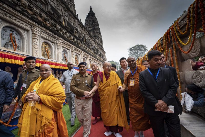 His Holiness, nearing the end of his pilgrimage, makes his way around the Mahabodhi Temple in Bodhgaya, Bihar, India on December 17, 2018. Photo by Tenzin Choejor