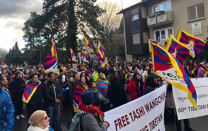 Tibetans and Supporters in Switzerland in front of the Chinese Embassy in protest against repressive rule in Tibet. Photo: Tibet Bureau Geneva