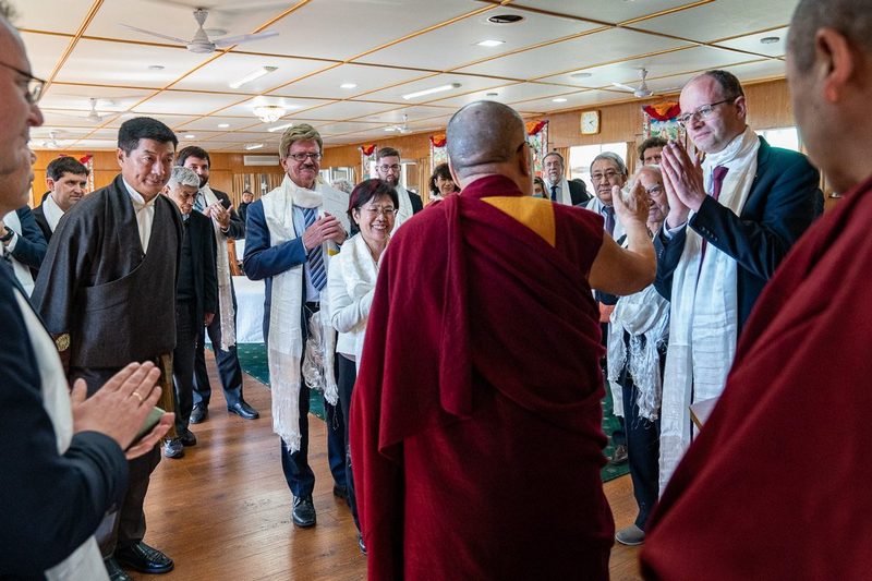 His Holiness saying a few final words at the conclusion of lunch with special guests including European Parliamentarians, the former President of Botswanan and Tibet supporters at his residence in Dharamsala, HP, India on March 10, 2019. Photo by Tenzin Choejor