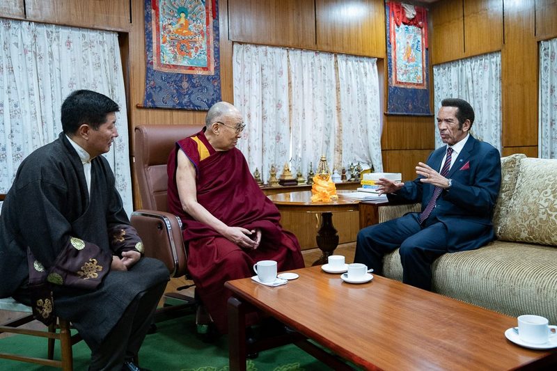 President Dr Lobsang Sangay looks on during the meeting between former President of Botswana Ian Khama and His Holiness the Dalai Lama at His Holiness's residence in Dharamshala, HP, India on March 10, 2019. Photo by Tenzin Choejor