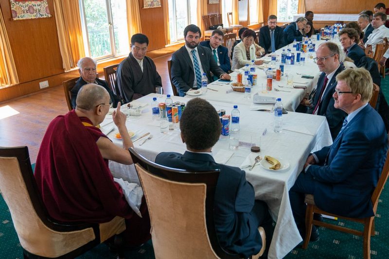 His Holiness speaking to a group of special guests, including European parliamentarians, that attended the 60th Tibetan National Uprising Day commemoration during their luncheon at his residence in Dharamsala, HP, India on March 10, 2019. Photo by Tenzin Choejor